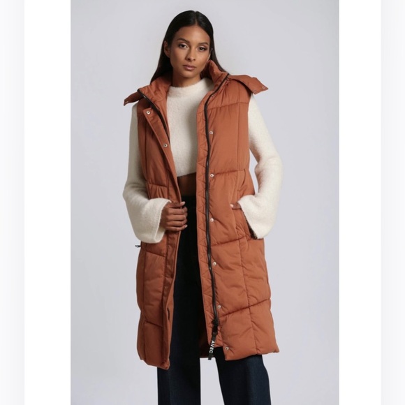 Avec Les Filles - THERMALPUFF™ Hooded Longline Puffer Vest in Cedar Brown Size M - Picture 1 of 16